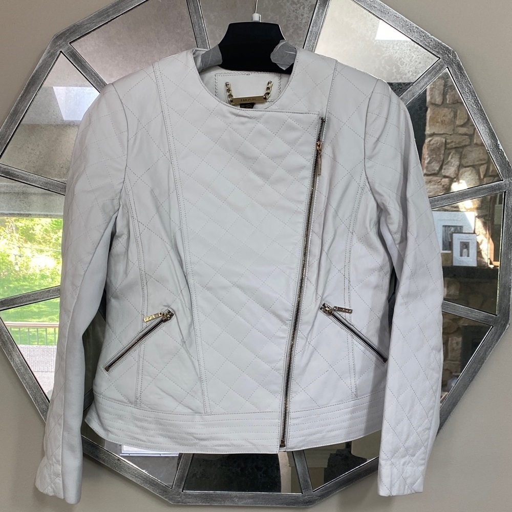 IMAN White Quilted Asymmetric Leather Jacket with Gold Hardware